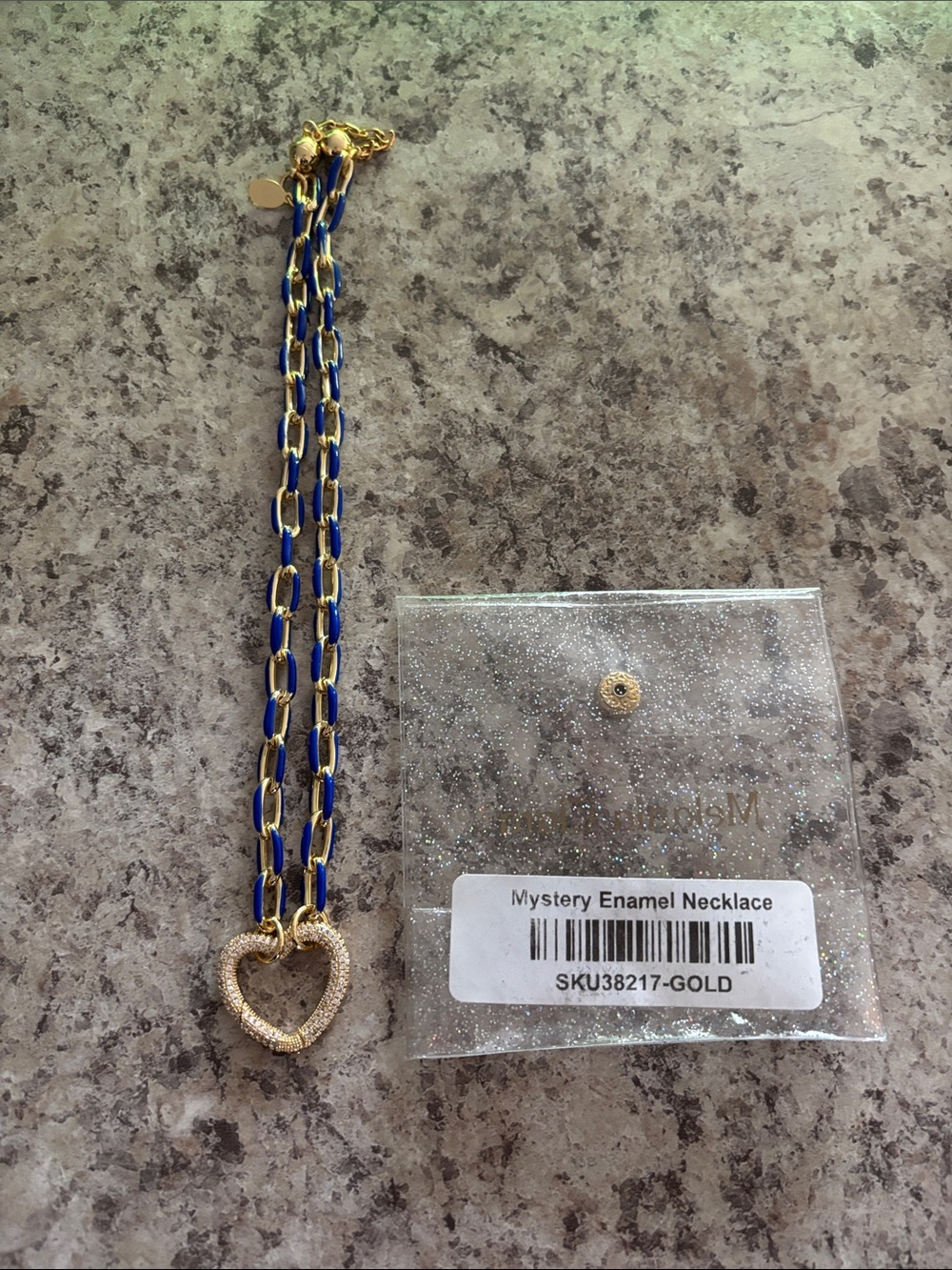 Gold Heart Pendant Necklace with Blue Enamel Chain